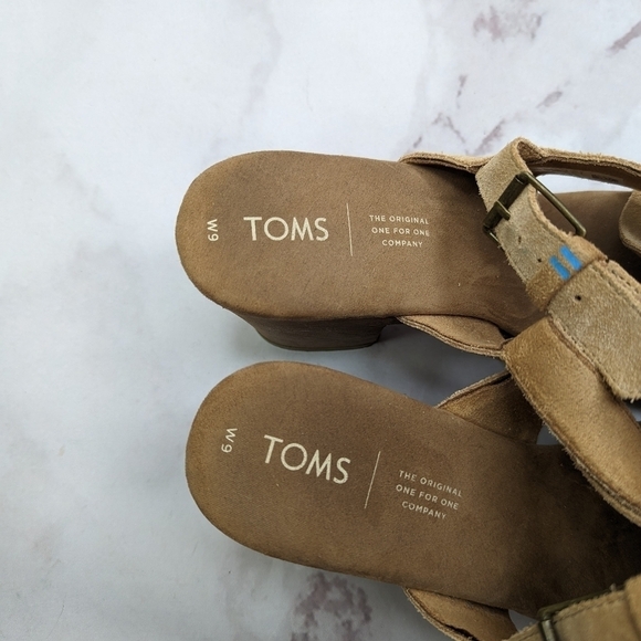 Toms Sandal Womens 9 Platform Ibiza Slingback Heels Shoe Brown Tan Suede Cross - Picture 7 of 13
